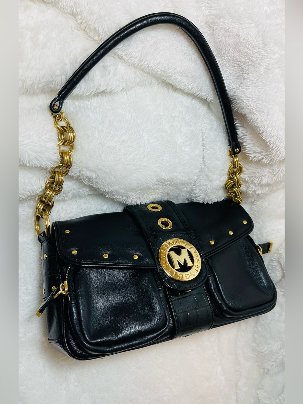Metro City Women's Black Shoulder Bag with Gold Hardware